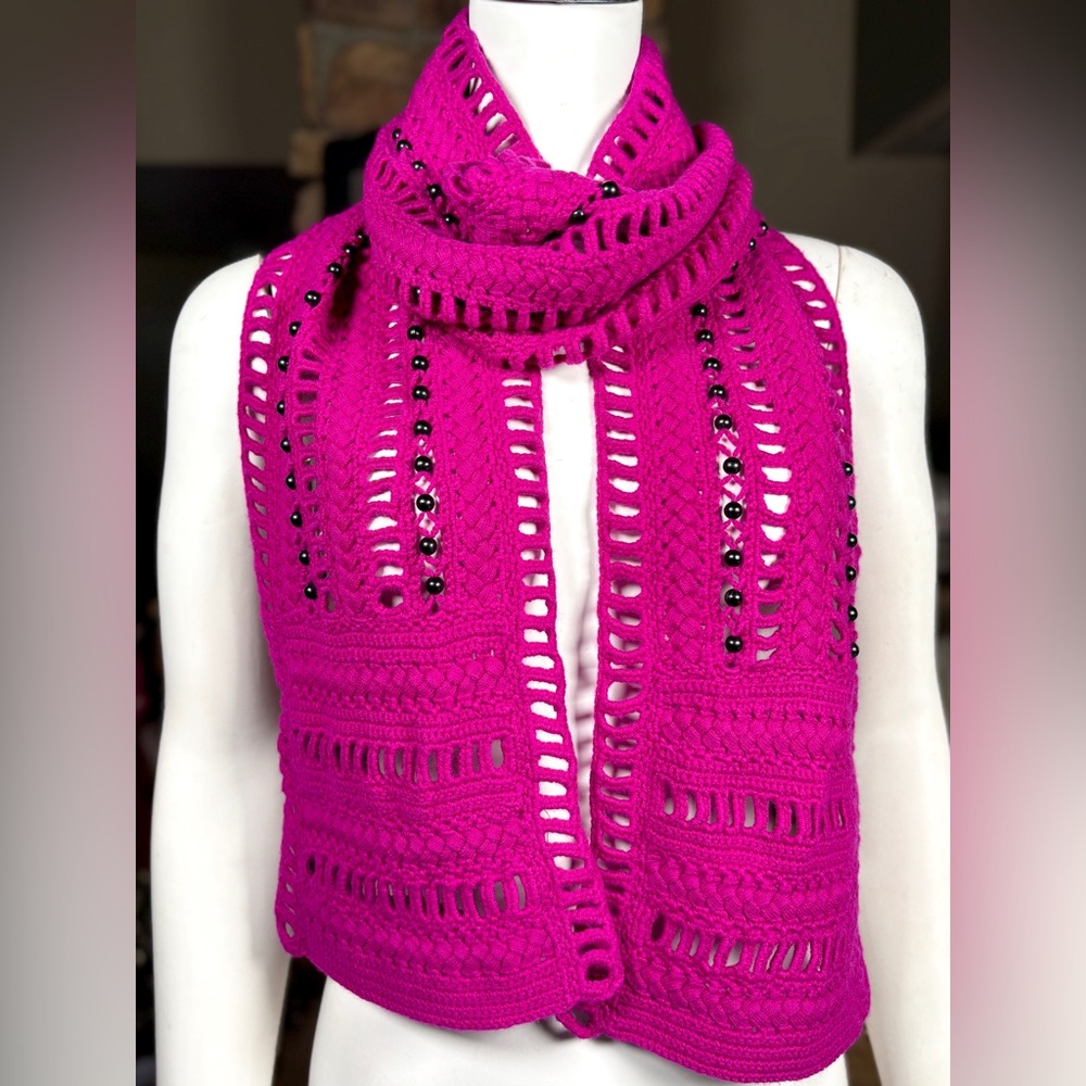 Catherine Malandrino Fuchsia Cashmere Crochet 68” Scarf w/ Black Beads